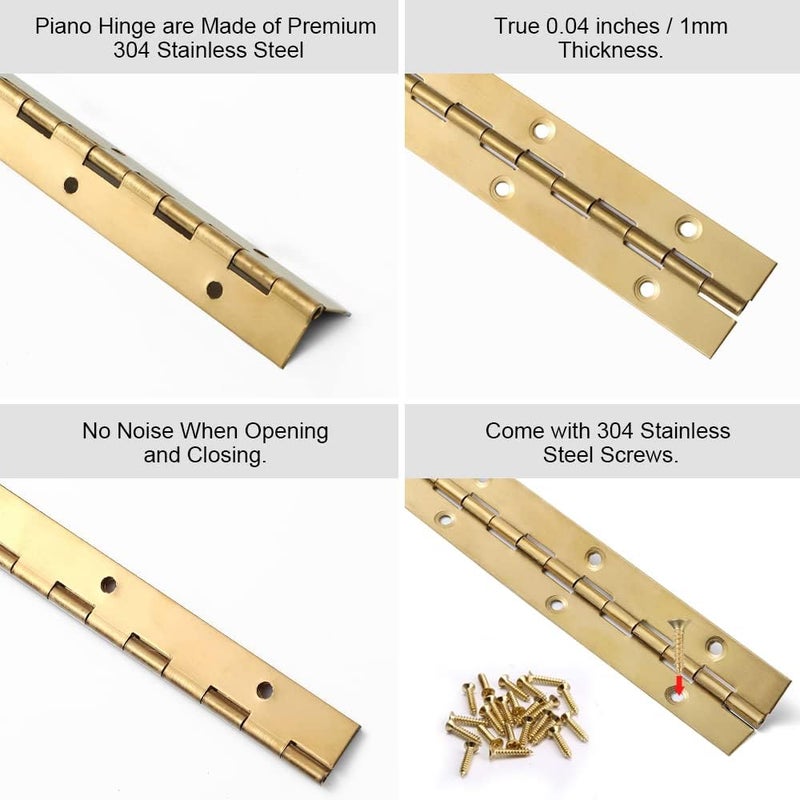 FVSEC 12 Inch Gold Stainless Steel Piano Hinges, 4 Pcs Continuous & Piano Hinge with Holes, Heavy Duty Piano Hinge 0.04" Leaf Thickness, 1.2'' Open Width for Furniture Cabinet Door Wooden Box Woodworking - Image 3